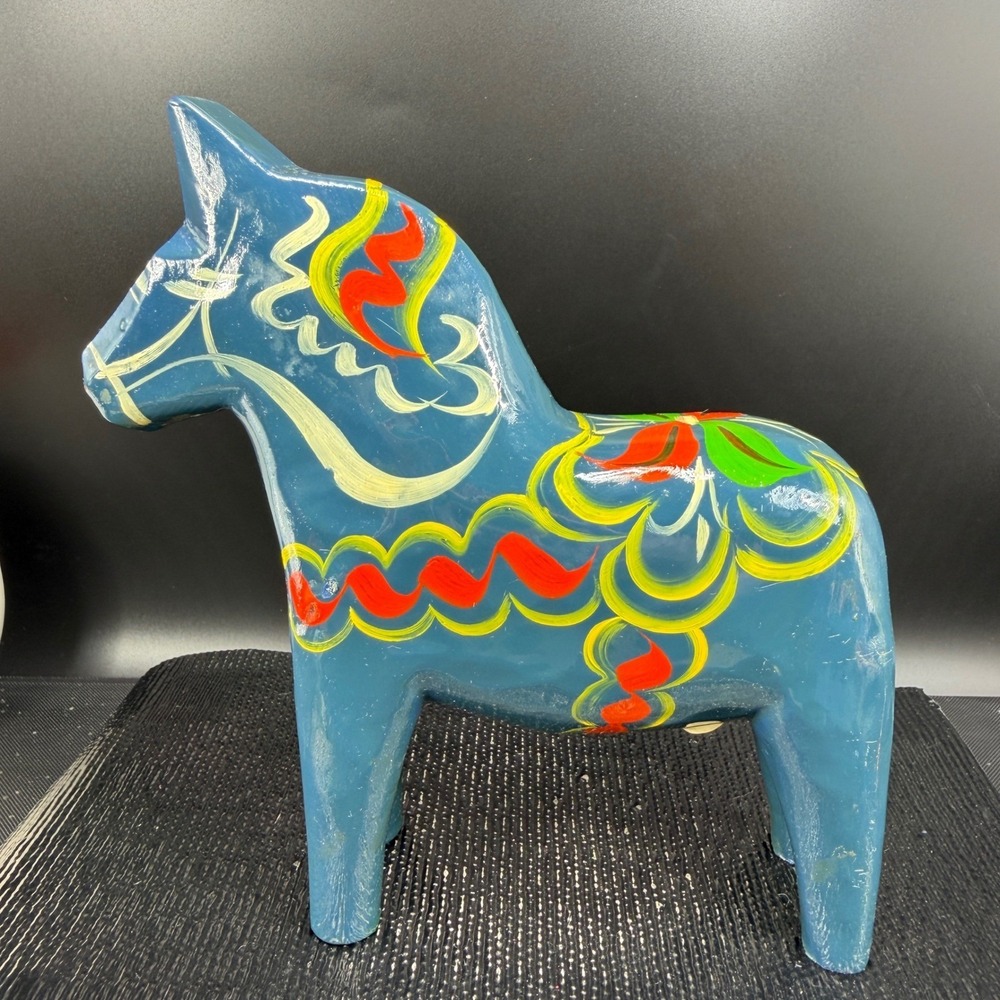 Vintage Akta Dalahemslojd Swedish Dala Horse Blue Hand Painted Wood Folk Art 7" - Picture 15 of 15